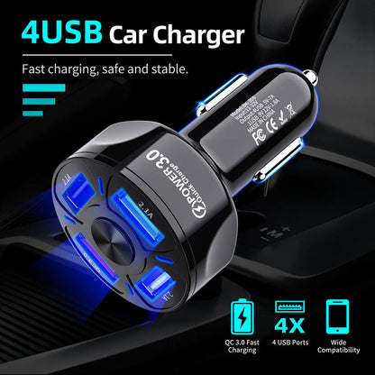 4 Port LED Car Charger + 3 in 1 Cable Combo Black