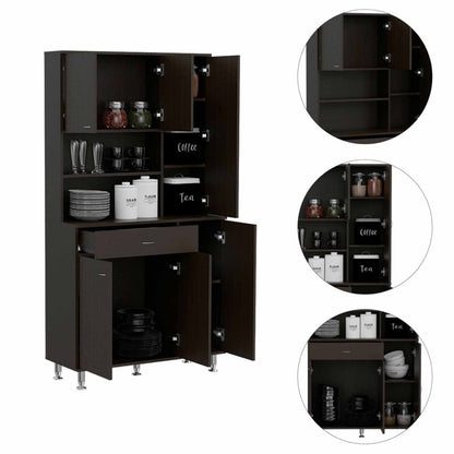 Kitchen Pantry, Double Door Cabinet, Black Wengue Finish